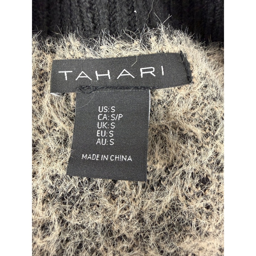 Tahari Sz S Houndstooth Gold Button Fuzzy Knit Cardigan‎ Sweater Black Tan Women - Picture 5 of 7